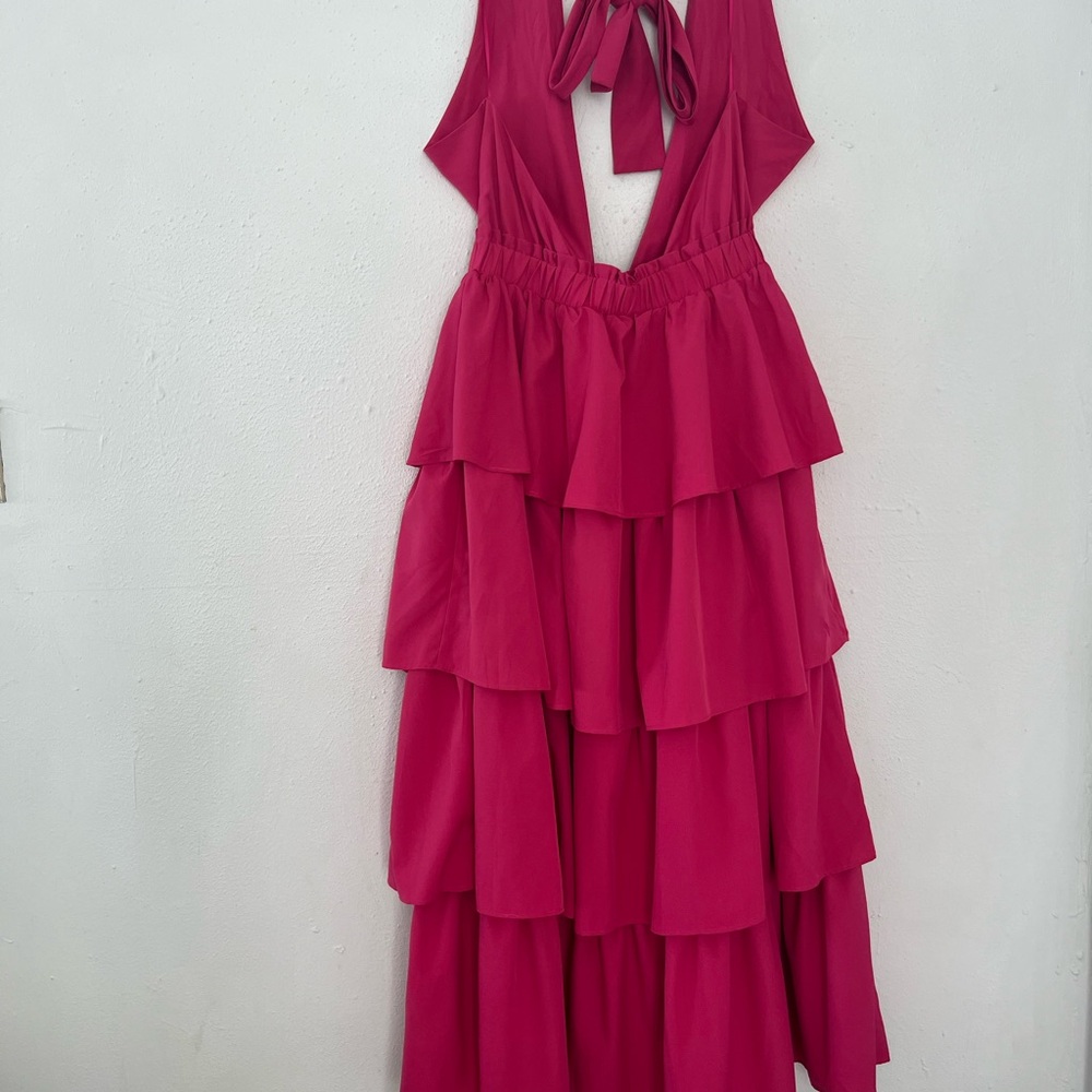 Endless Rose Hot Pink Tiered Ruffle Halter Maxi